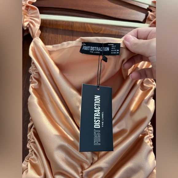 First Distraction The Label Petite bardot mini satin dress in carame - Picture 7 of 9